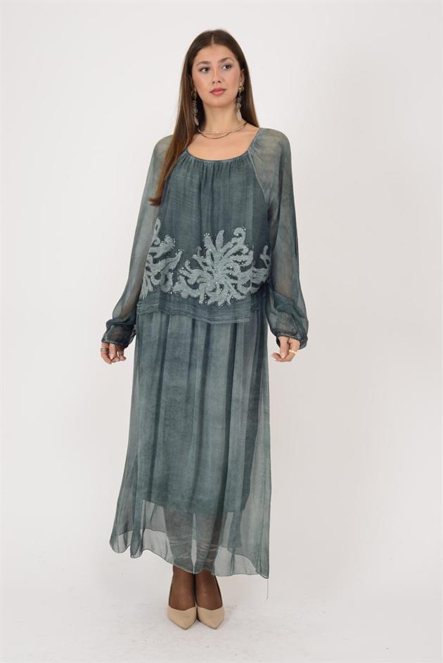 SN510 MADONNA YAKA KABARTMALI PAYET DETAYLI İPEK ELBİSE