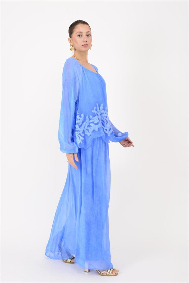 SN510 MADONNA YAKA KABARTMALI PAYET DETAYLI İPEK ELBİSE