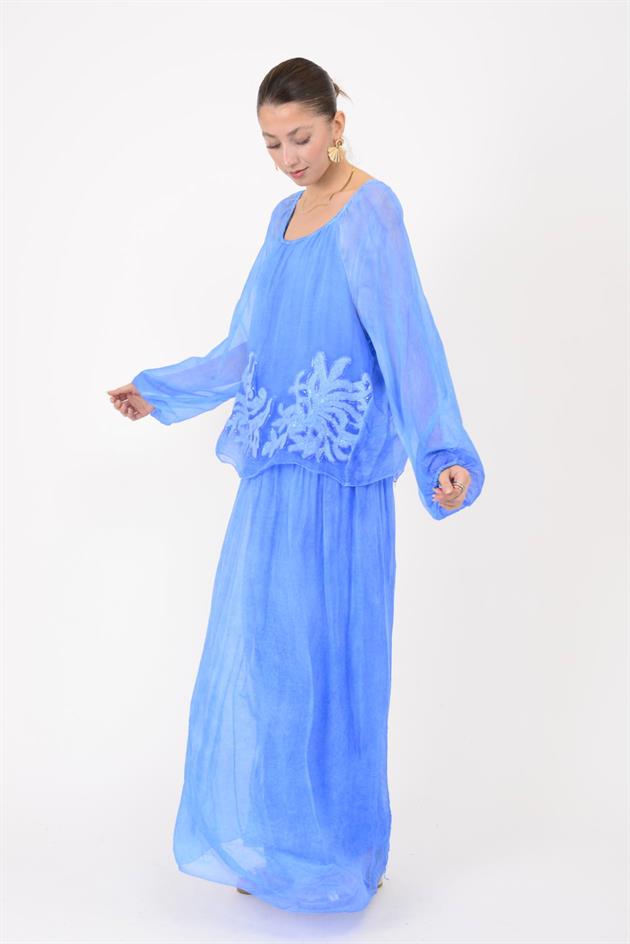 SN510 MADONNA YAKA KABARTMALI PAYET DETAYLI İPEK ELBİSE