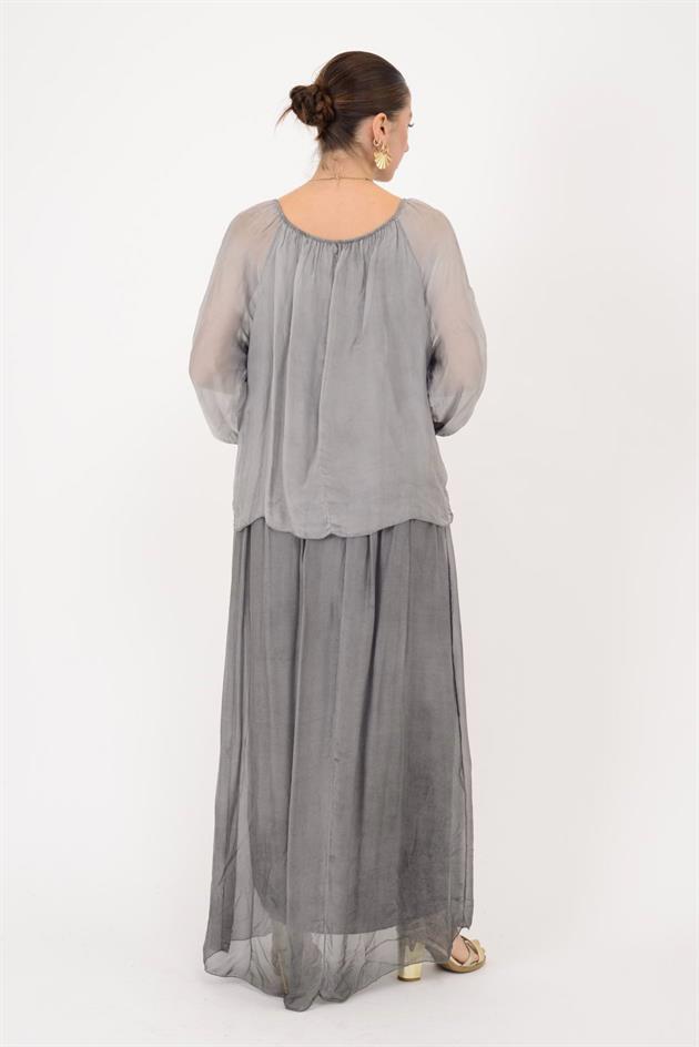 SN510 MADONNA YAKA KABARTMALI PAYET DETAYLI İPEK ELBİSE