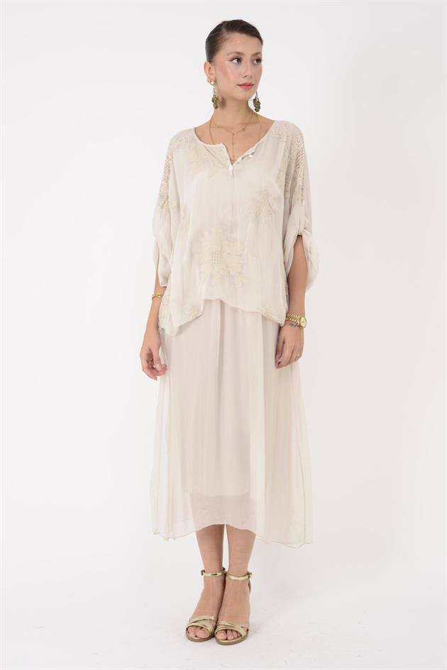 SN795 SIRTI PENCERELİ DANTEL DETAYLI İPEK ELBİSE