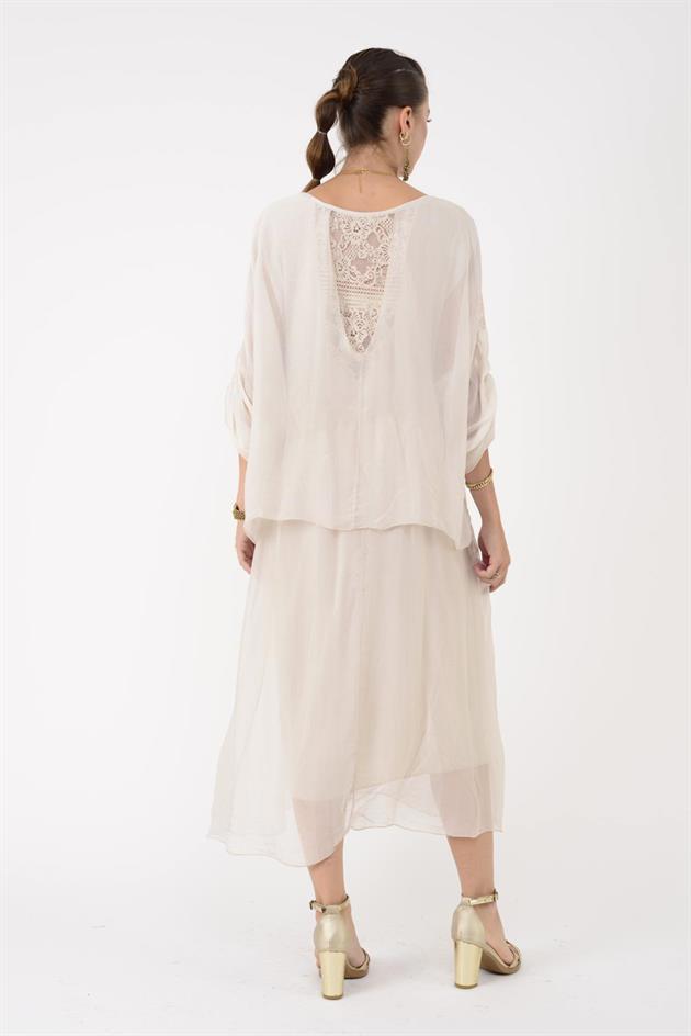 SN795 SIRTI PENCERELİ DANTEL DETAYLI İPEK ELBİSE