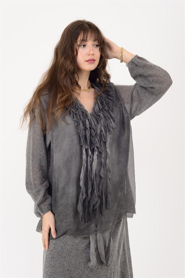 SN871 COSTELLO ÖNÜ FIRFIR DETAYLI TRİKOLU İPEK BLUZ