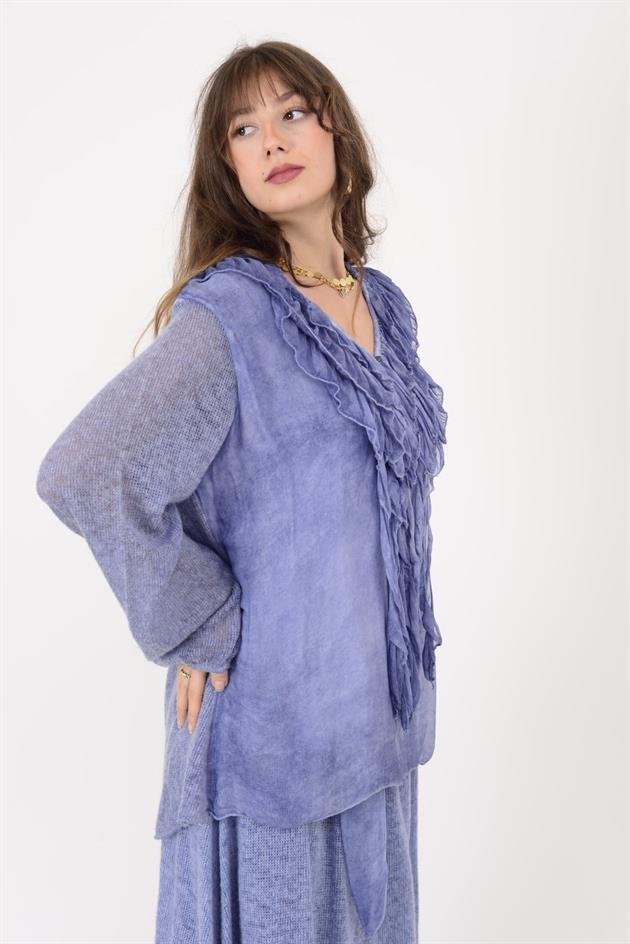 SN871 COSTELLO ÖNÜ FIRFIR DETAYLI TRİKOLU İPEK BLUZ