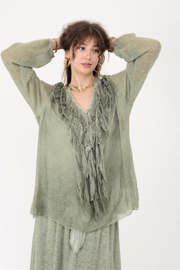 SN871 COSTELLO ÖNÜ FIRFIR DETAYLI TRİKOLU İPEK BLUZ