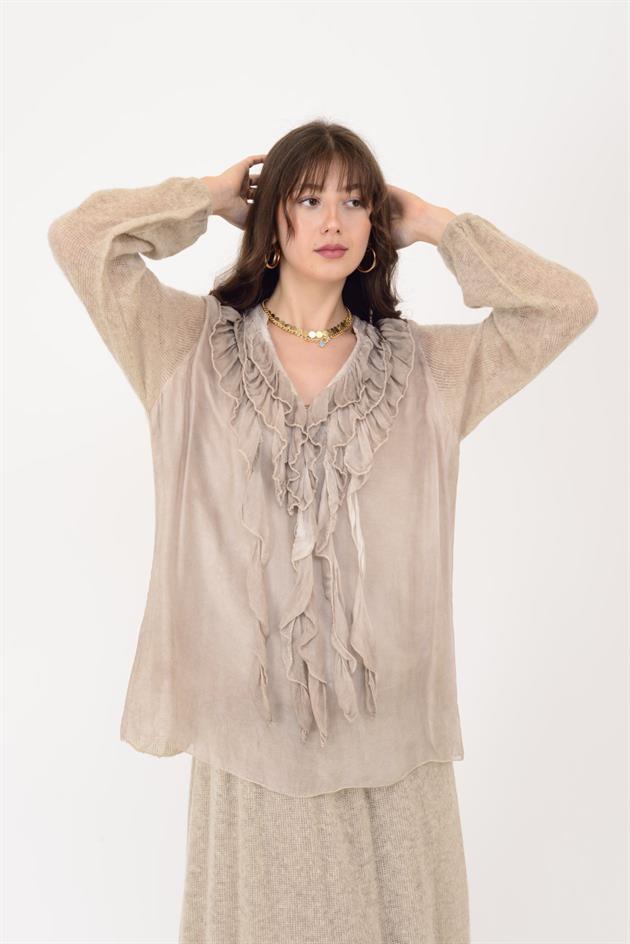 SN871 COSTELLO ÖNÜ FIRFIR DETAYLI TRİKOLU İPEK BLUZ