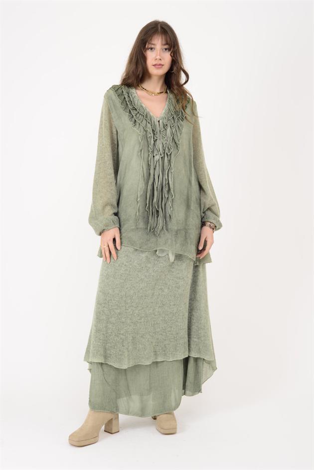 SN871 COSTELLO ÖNÜ FIRFIR DETAYLI TRİKOLU İPEK BLUZ