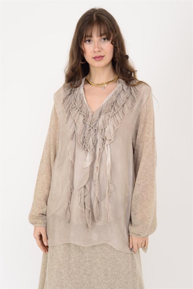 SN871 COSTELLO ÖNÜ FIRFIR DETAYLI TRİKOLU İPEK BLUZ