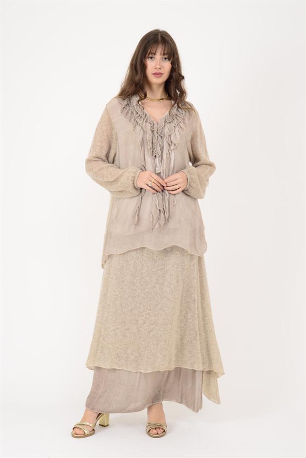 SN871 COSTELLO ÖNÜ FIRFIR DETAYLI TRİKOLU İPEK BLUZ