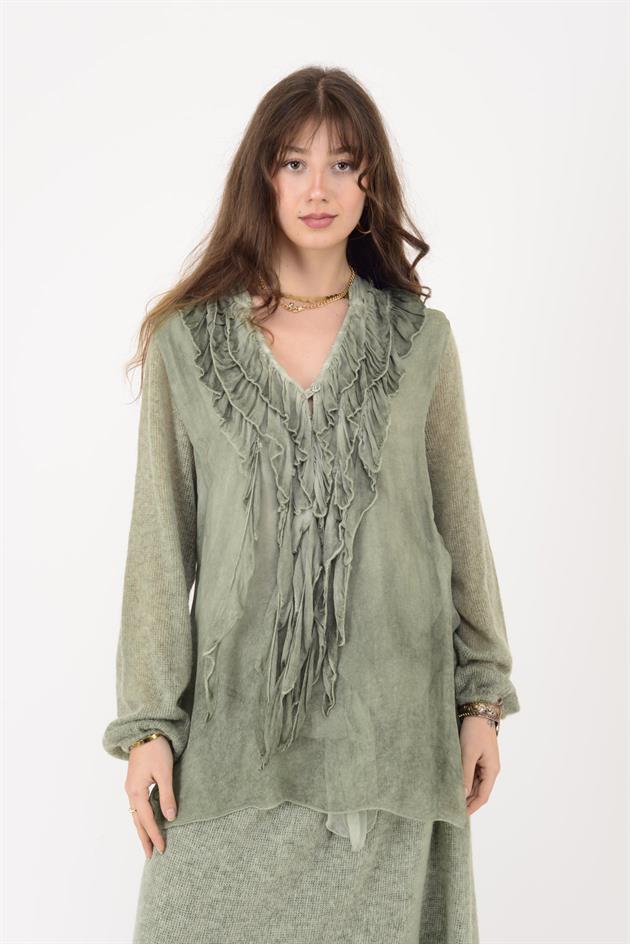 SN871 COSTELLO ÖNÜ FIRFIR DETAYLI TRİKOLU İPEK BLUZ