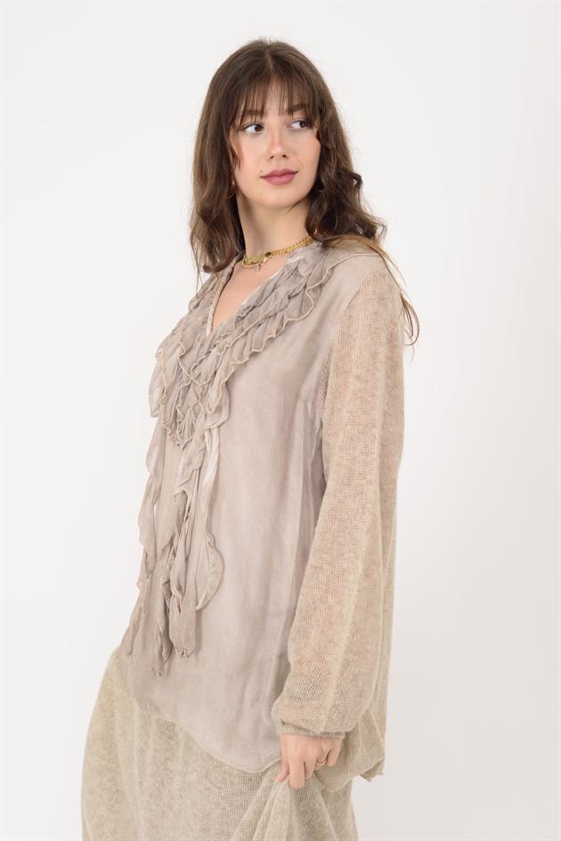 SN871 COSTELLO ÖNÜ FIRFIR DETAYLI TRİKOLU İPEK BLUZ