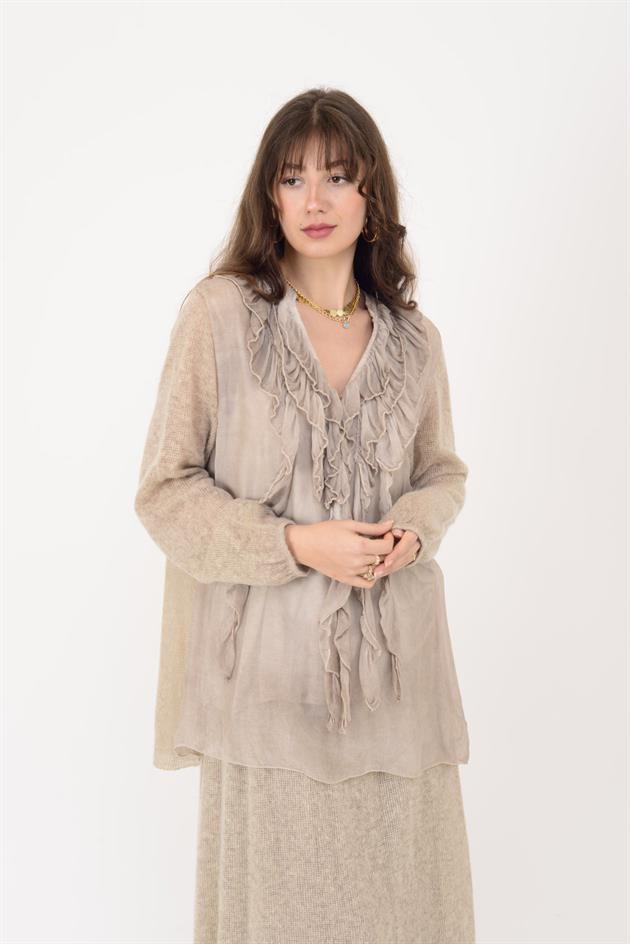 SN871 COSTELLO ÖNÜ FIRFIR DETAYLI TRİKOLU İPEK BLUZ