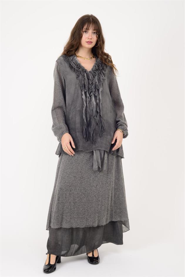 SN871 COSTELLO ÖNÜ FIRFIR DETAYLI TRİKOLU İPEK BLUZ