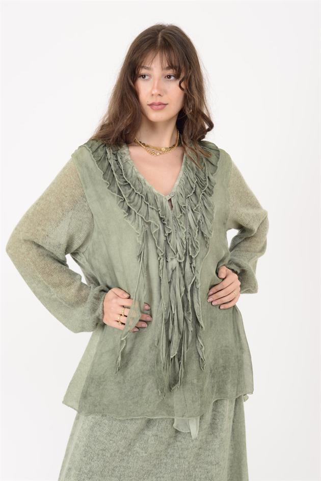 SN871 COSTELLO ÖNÜ FIRFIR DETAYLI TRİKOLU İPEK BLUZ