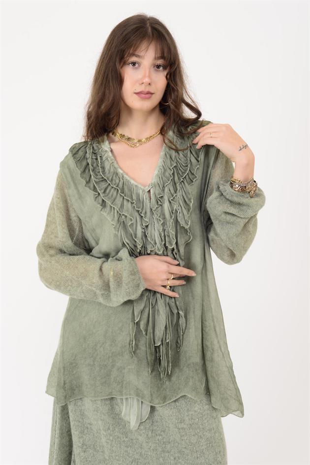 SN871 COSTELLO ÖNÜ FIRFIR DETAYLI TRİKOLU İPEK BLUZ