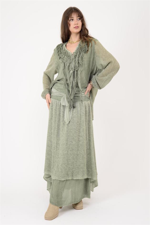 SN880 FİYONK DETAYLI KATLI TRİKOLU İPEK ETEK