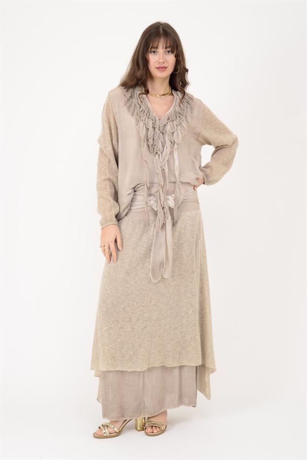 SN880 FİYONK DETAYLI KATLI TRİKOLU İPEK ETEK