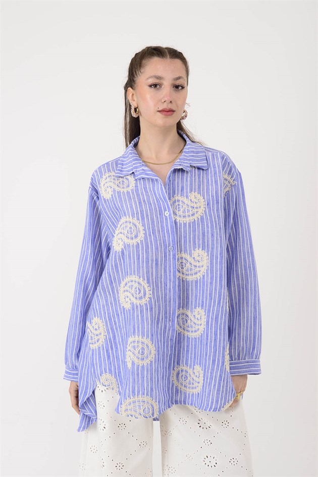 SN997 ŞAL DESEN İŞLEMELİ ÇİZGİLİ GÖMLEK