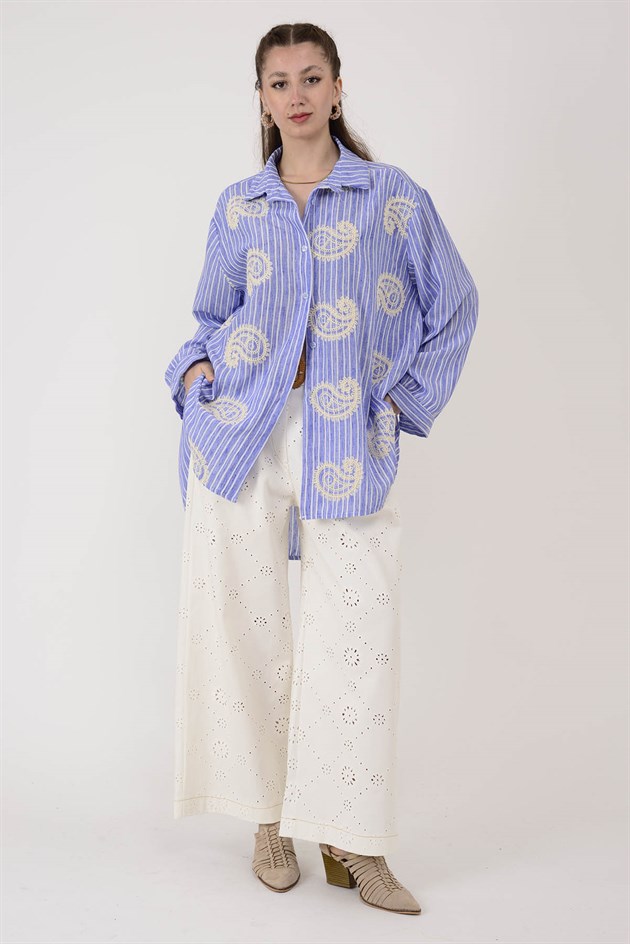 SN997 ŞAL DESEN İŞLEMELİ ÇİZGİLİ GÖMLEK