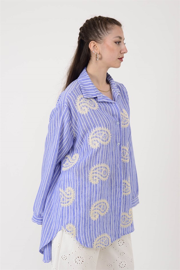 SN997 ŞAL DESEN İŞLEMELİ ÇİZGİLİ GÖMLEK