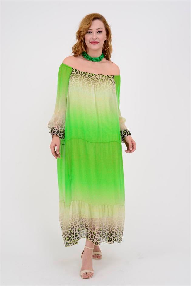 3986 LEOPAR DESEN LASTİK YAKA İPEK ELBİSE
