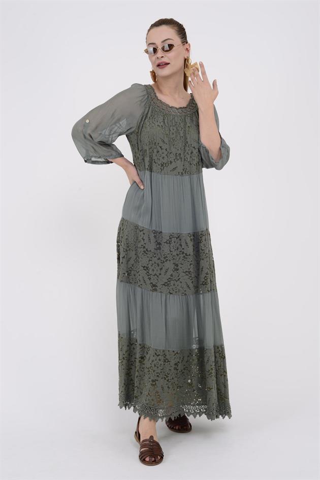 50776 MARLOW İPEK DETAYLI DANTEL ELBİSE