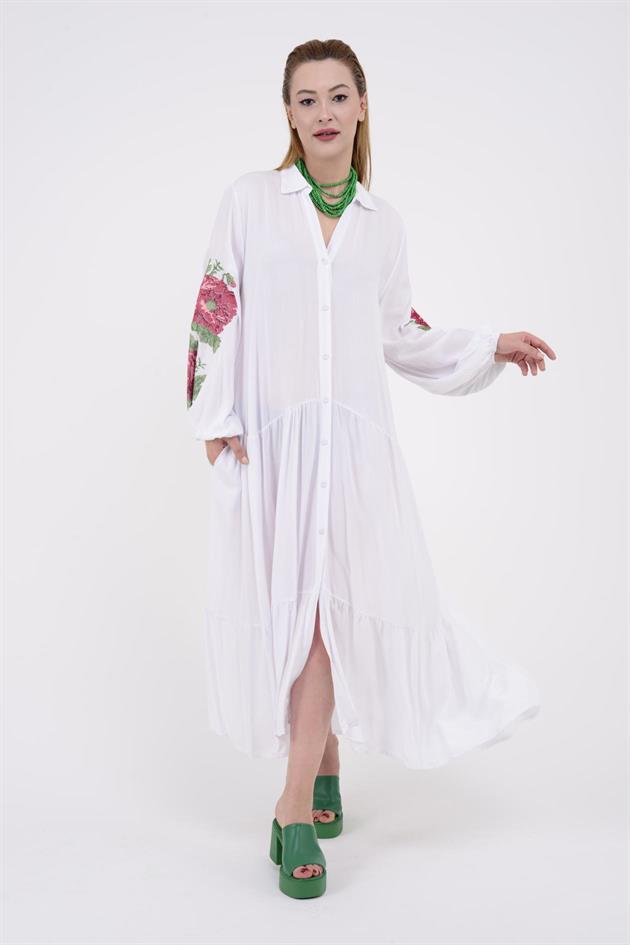 AN10517 ROSE KANAVİÇE İŞLEMELİ GÖMLEK ELBİSE
