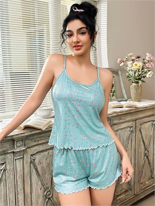 Kadın Çiçek Desenli Pembe Şortlu Pijama Takımı