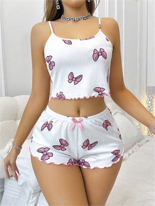 Kelebek Desenli Şortlu Pijama Takımı İnce Askılı Crop Kadın Pijama Takımı