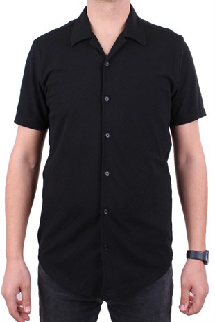 Dagoster DMG23-118381 Siyah Örme Apaj Yaka Dar Kalıp Kısa Kol Erkek Gömlek