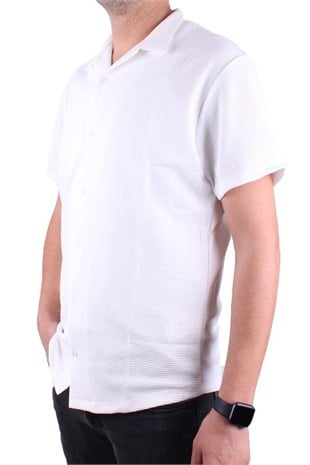 Dagoster DMG23-199598 Ekru Ottoman Örme Apaj Yaka Oversize Kalıp Kısa Kol Erkek Gömlek
