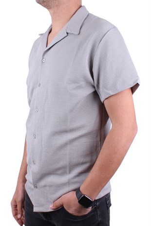 Dagoster DMG23-199598 Gri Ottoman Örme Apaj Yaka Oversize Kalıp Kısa Kol Erkek Gömlek