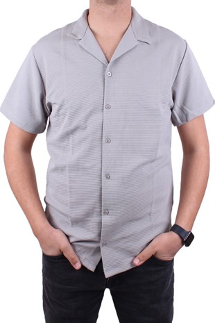 Dagoster DMG23-199598 Gri Ottoman Örme Apaj Yaka Oversize Kalıp Kısa Kol Erkek Gömlek