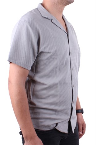 Dagoster DMG23-199598 Gri Ottoman Örme Apaj Yaka Oversize Kalıp Kısa Kol Erkek Gömlek