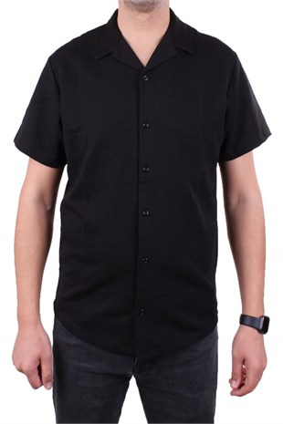 Dagoster DMG23-199598 Siyah Ottoman Örme Apaj Yaka Oversize Kalıp Kısa Kol Erkek Gömlek