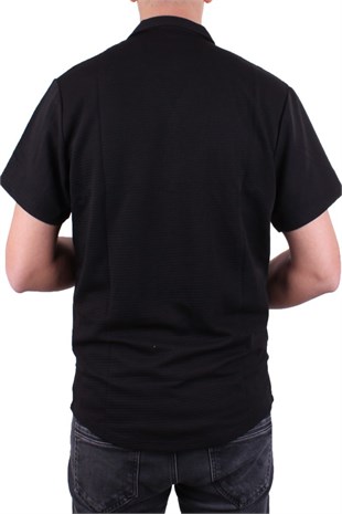 Dagoster DMG23-199598 Siyah Ottoman Örme Apaj Yaka Oversize Kalıp Kısa Kol Erkek Gömlek