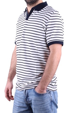 Dagoster DMG23-231237  Beyaz Lacivert Günlük Çizgili Polo Yaka Erkek Tişört