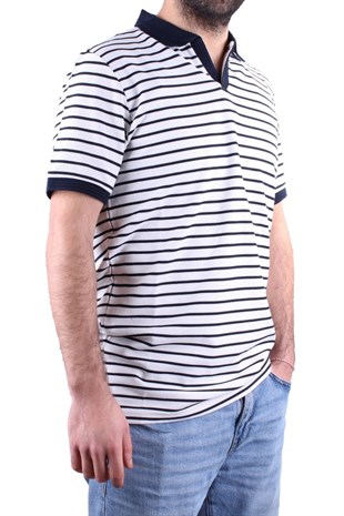 Dagoster DMG23-231237  Beyaz Lacivert Günlük Çizgili Polo Yaka Erkek Tişört