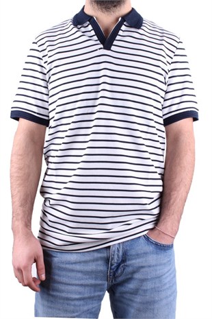 Dagoster DMG23-231237  Beyaz Lacivert Günlük Çizgili Polo Yaka Erkek Tişört
