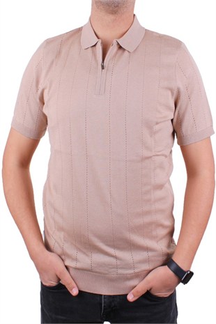 Dagoster DMG23-511228 Bej Günlük Fermuarlı Polo Yaka Erkek Tişört
