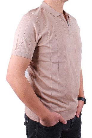 Dagoster DMG23-511228 Bej Günlük Fermuarlı Polo Yaka Erkek Tişört