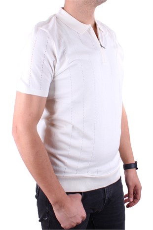Dagoster DMG23-511228 Ekru Günlük Fermuarlı Polo Yaka Erkek Tişört