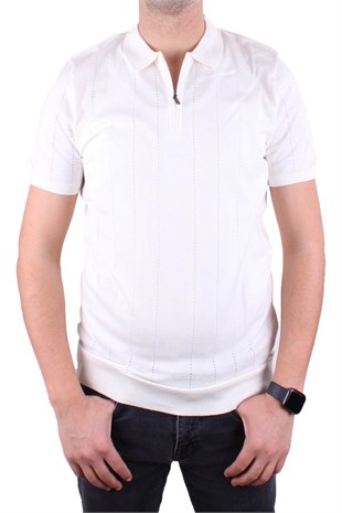 Dagoster DMG23-511228 Ekru Günlük Fermuarlı Polo Yaka Erkek Tişört