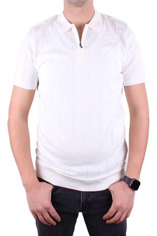 Dagoster DMG23-511228 Ekru Günlük Fermuarlı Polo Yaka Erkek Tişört