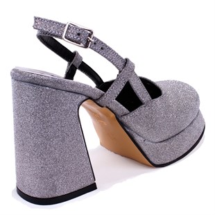 Dagoster DZA07-337560 Platin Simli 10 cm Kalın Topuklu Platform  Kadın Ayakkabı