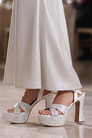 Dagoster DZA07-771900 Sedef Saten Çapraz Bant 12 cm Kalın Topuklu Platform Kadın Ayakkabı