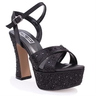 Dagoster DZA07-771900 Siyah Saten Çapraz Bant 12 cm Kalın Topuklu Platform Kadın Ayakkabı