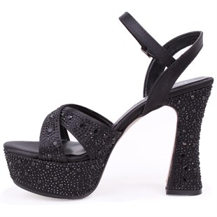 Dagoster DZA07-771900 Siyah Saten Çapraz Bant 12 cm Kalın Topuklu Platform Kadın Ayakkabı