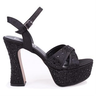 Dagoster DZA07-771900 Siyah Saten Çapraz Bant 12 cm Kalın Topuklu Platform Kadın Ayakkabı