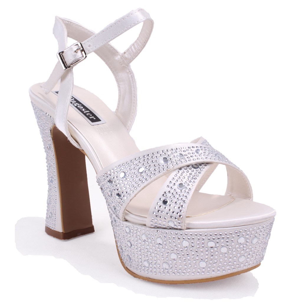 Dagoster DZA07-771900 Sedef Saten Çapraz Bant 12 cm Kalın Topuklu Platform Kadın Ayakkabı